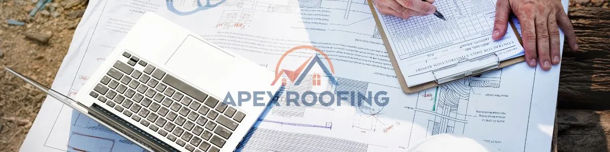 Close-up of a man's hand holding a pen near an unticked roof inspection checklist on a table with papers.