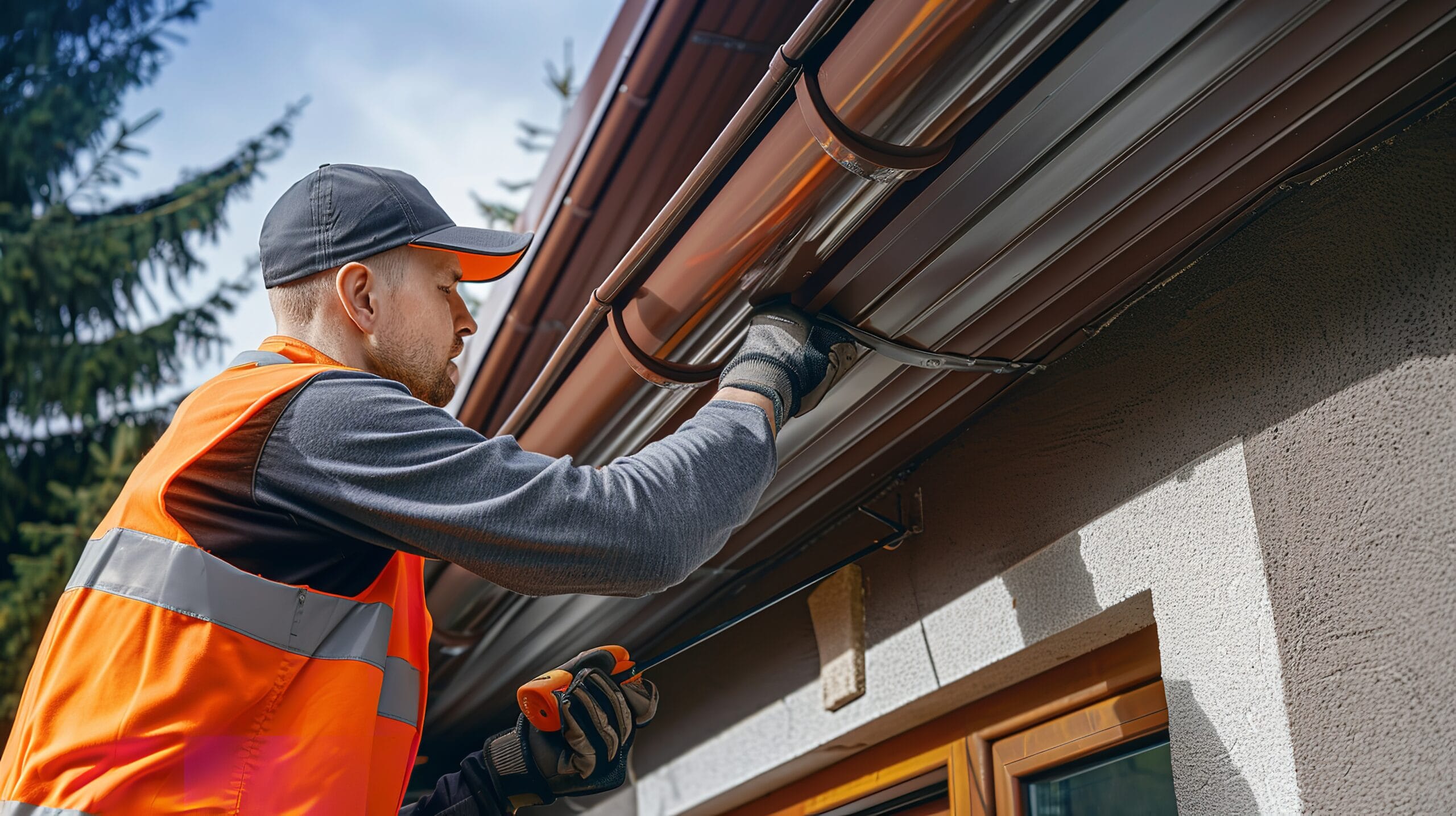 Technician performing gutter repair on a residential roof.