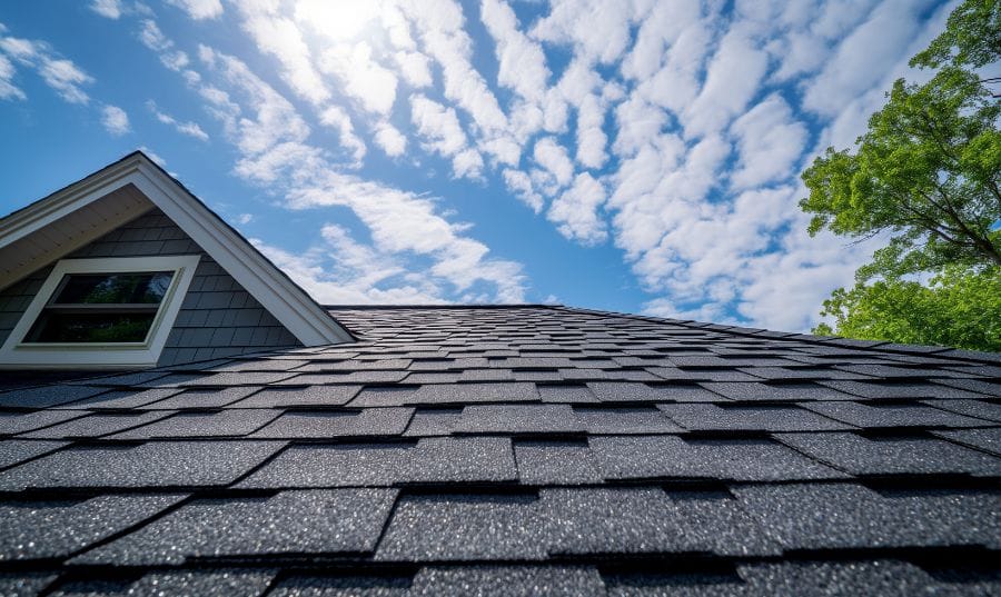 Close-up of durable roof shingles installed on a house protecting against harsh weather