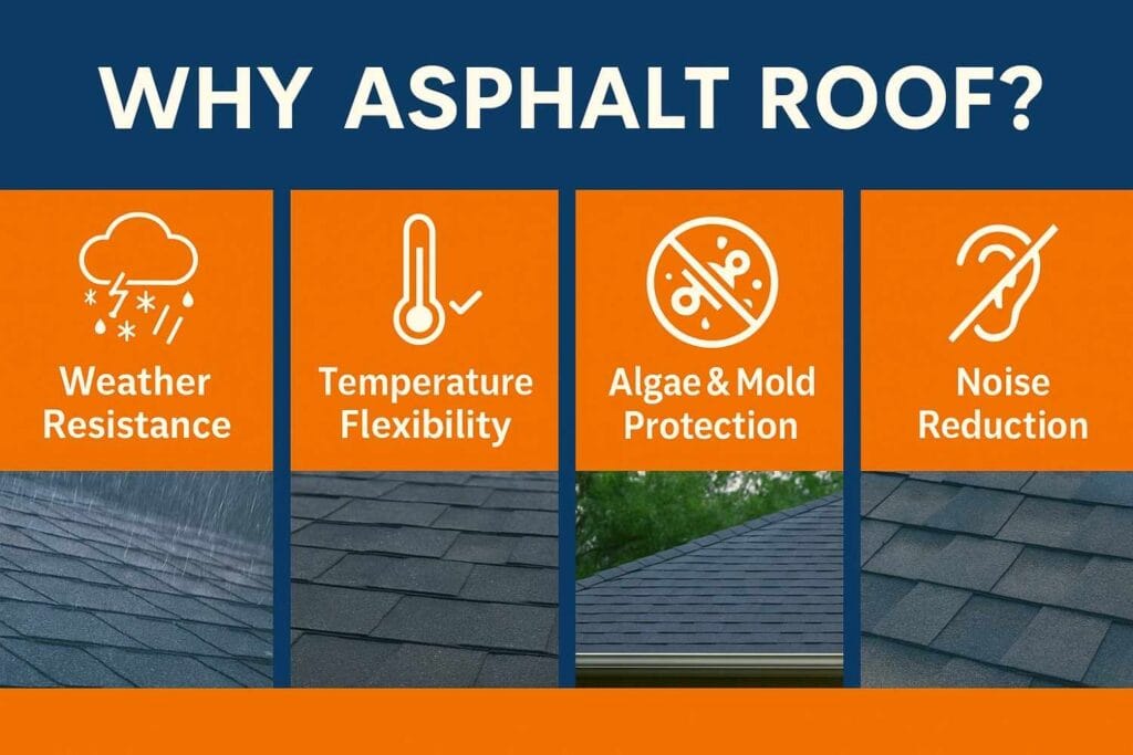 Infographic showing benefits of asphalt roofs, including weather resistance, flexibility, algae protection, and noise reduction.