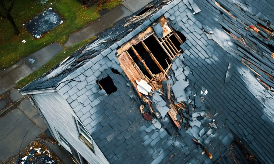 Roofers repairing storm-damaged roof.