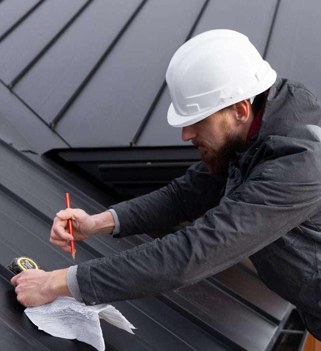 Worker inspecting a roof for professional roofing companies.