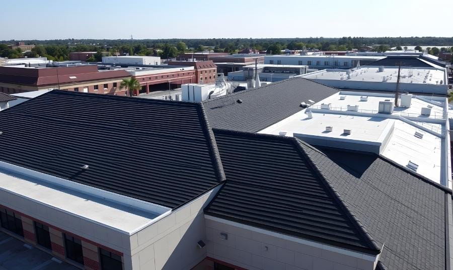 Commercial property rooftops featuring modern metal and flat roofing.